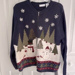 Vintage Croft & Barrow Women's Embroidered Snowmen Knit Zip Wool Blend Sweater L